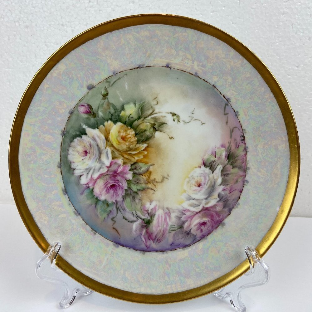 Antique ( 1898 - 1923) Porzellanfabrik Plate Bavaria Porcelain Flowers Perl